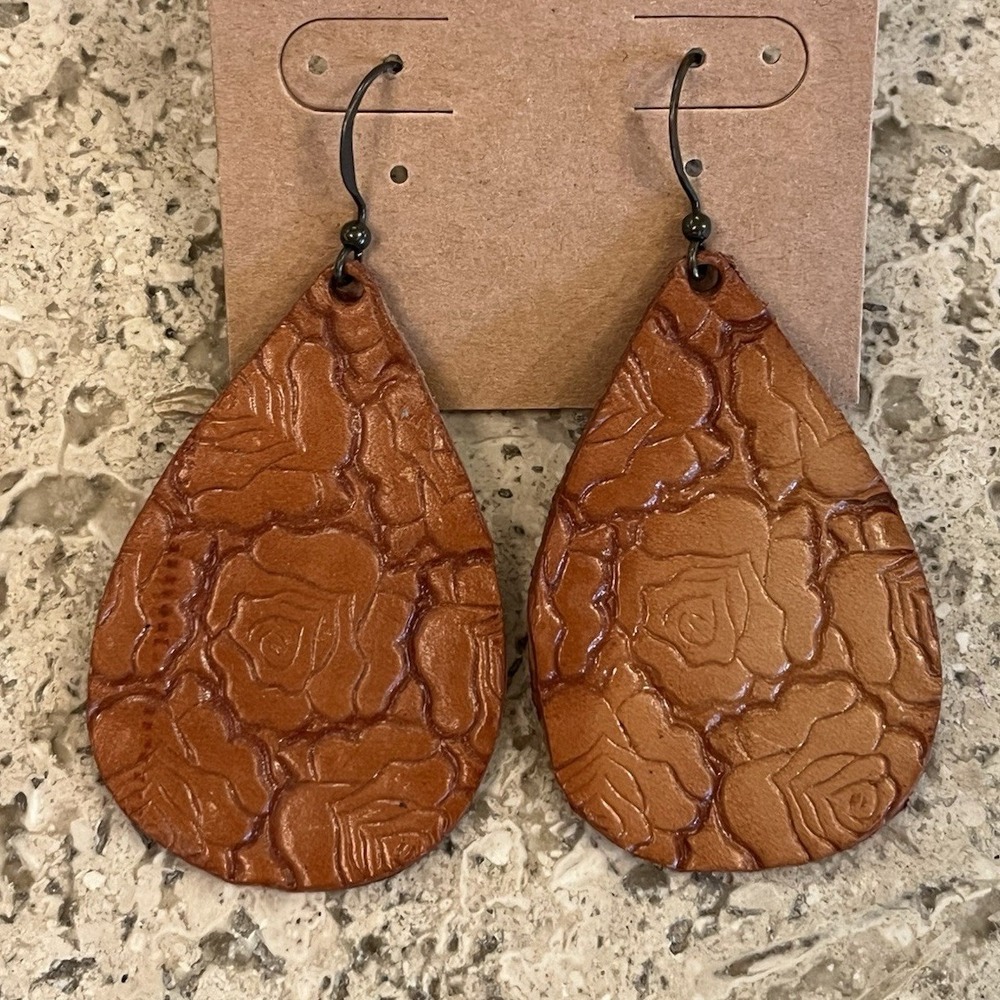 Teardrop Leather Drop Earrings‎ Rose Embossed Brown Boho Western Style